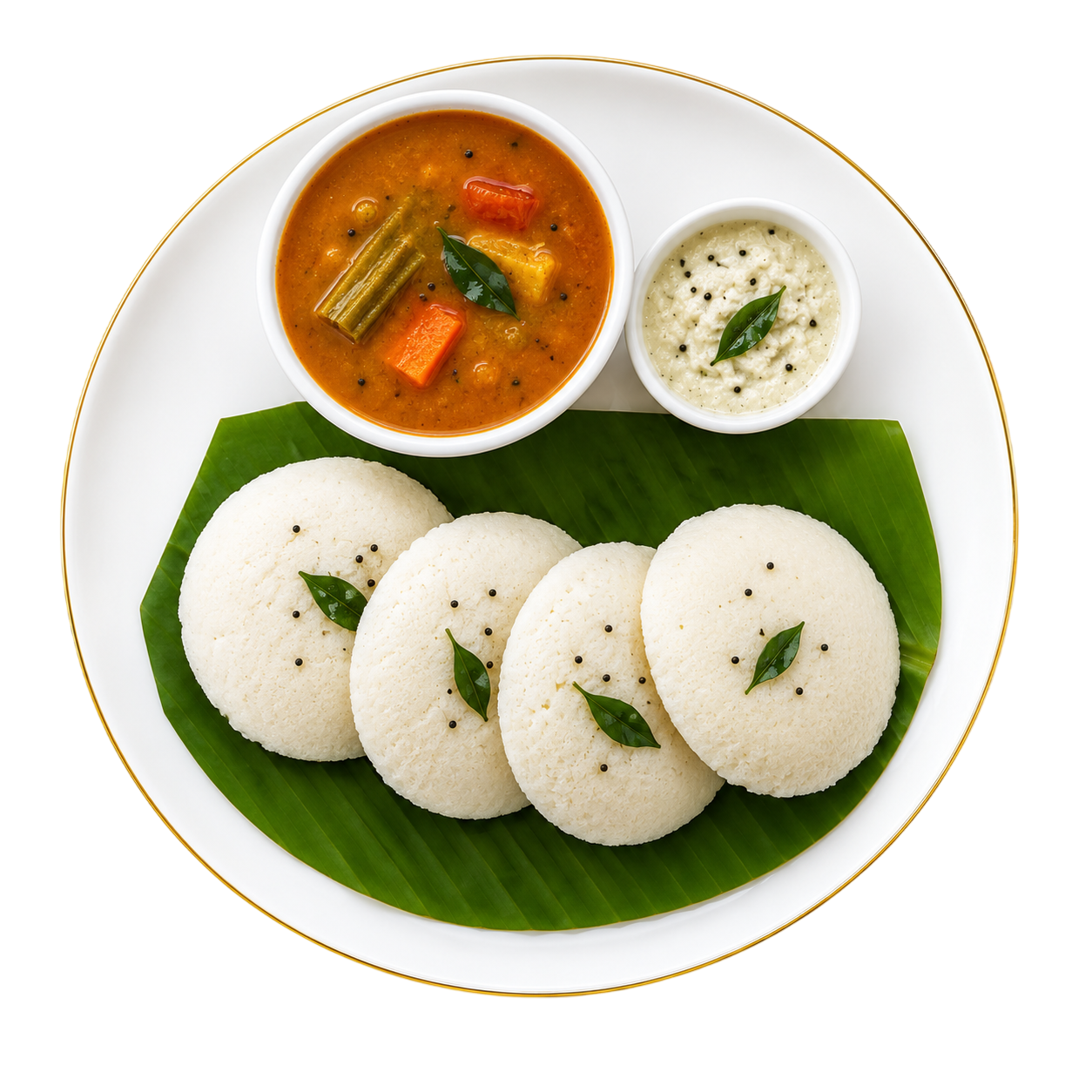 Idli with sambar and chutney